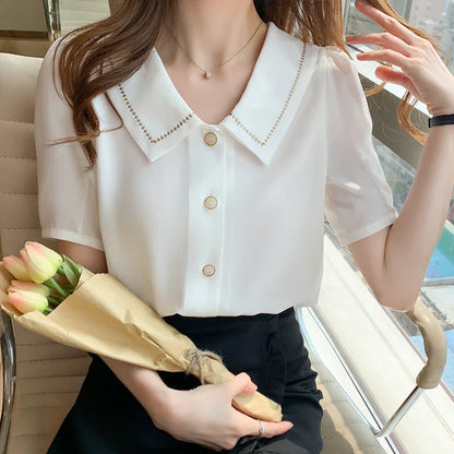 Vrouwelijke Zomer Blouse Korte Mouwen Wit Chiffon