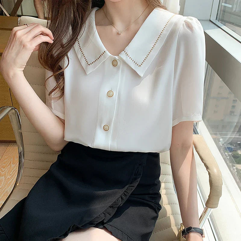 Vrouwelijke Zomer Blouse Korte Mouwen Wit Chiffon