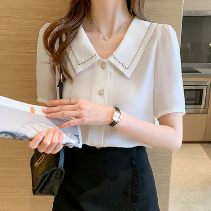 Vrouwelijke Zomer Blouse Korte Mouwen Wit Chiffon