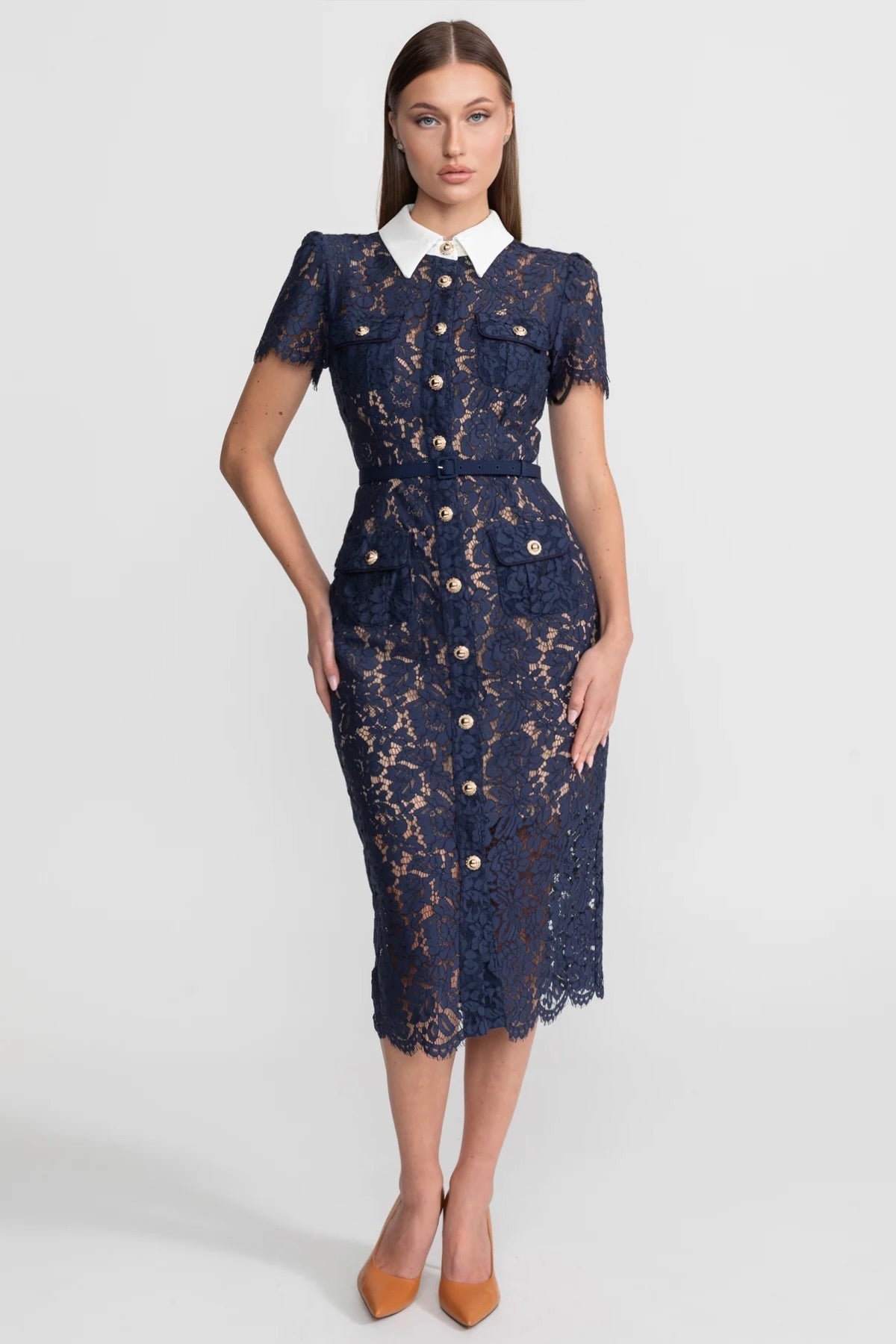 Midi Jurk Dames Marineblauw Bloemenkant met Kraag en Ceintuur - StudioMarella