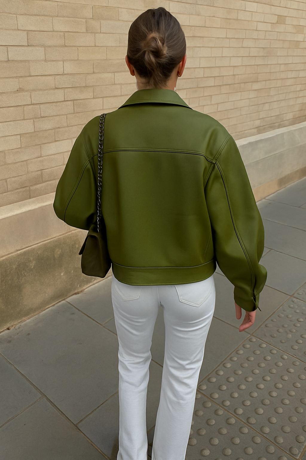 Vegan Leren Damesjas Olijfgroen Streetwear Stijl