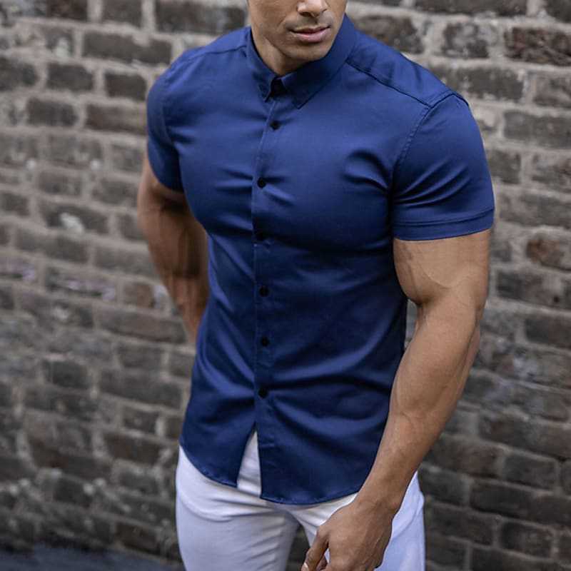 Heren Overhemd Korte Mouw Slim Fit – Zomerse Stretch Overhemd voor Uitgaan
