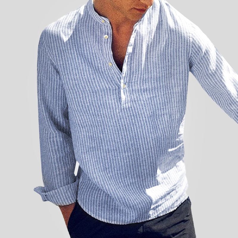 Herens Henley Shirt van Katoen en Linnen met Bandkraag - StudioMarella
