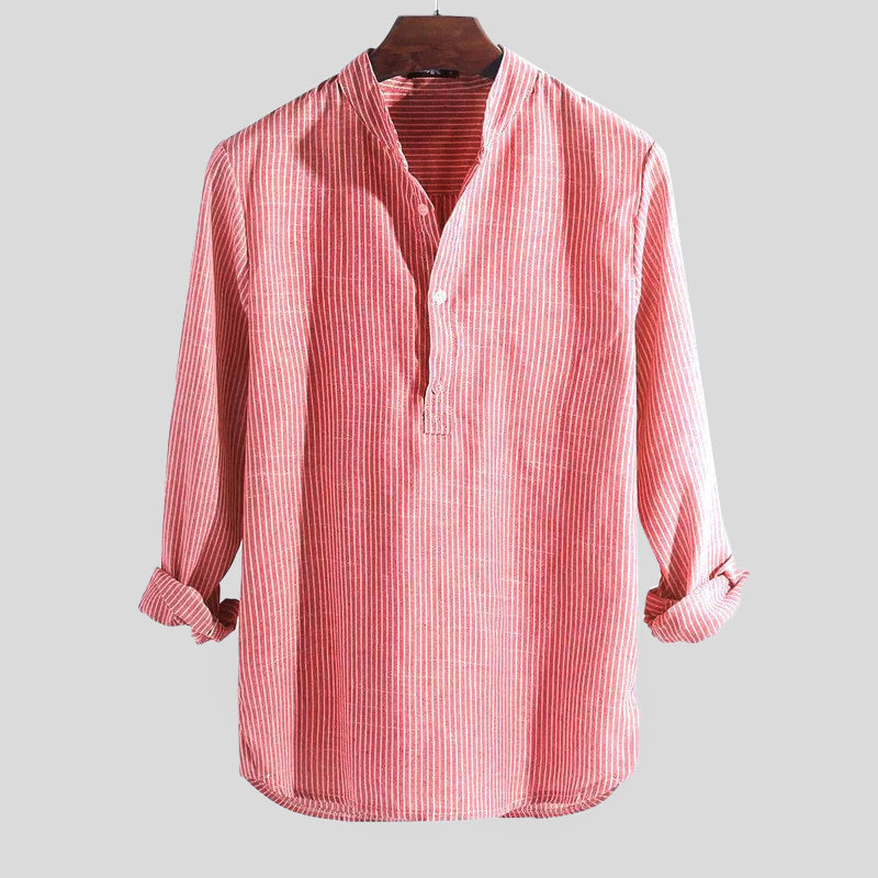 Herens Henley Shirt van Katoen en Linnen met Bandkraag