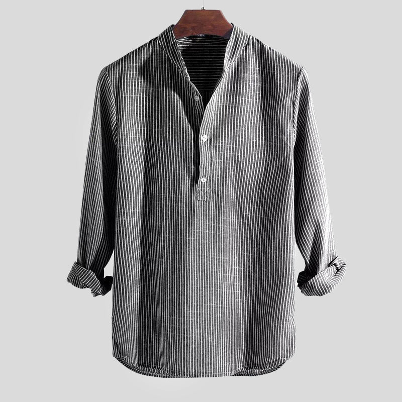 Herens Henley Shirt van Katoen en Linnen met Bandkraag