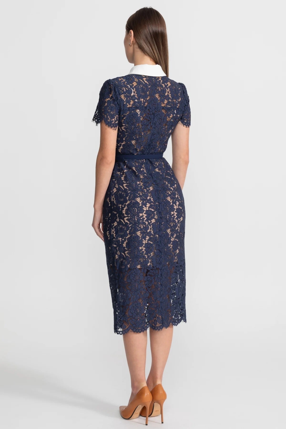 Midi Jurk Dames Marineblauw Bloemenkant met Kraag en Ceintuur