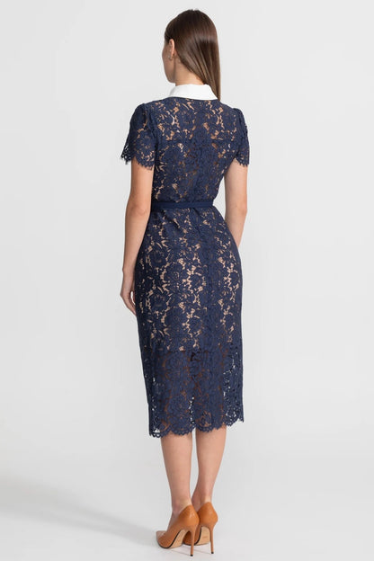 Midi Jurk Dames Marineblauw Bloemenkant met Kraag en Ceintuur