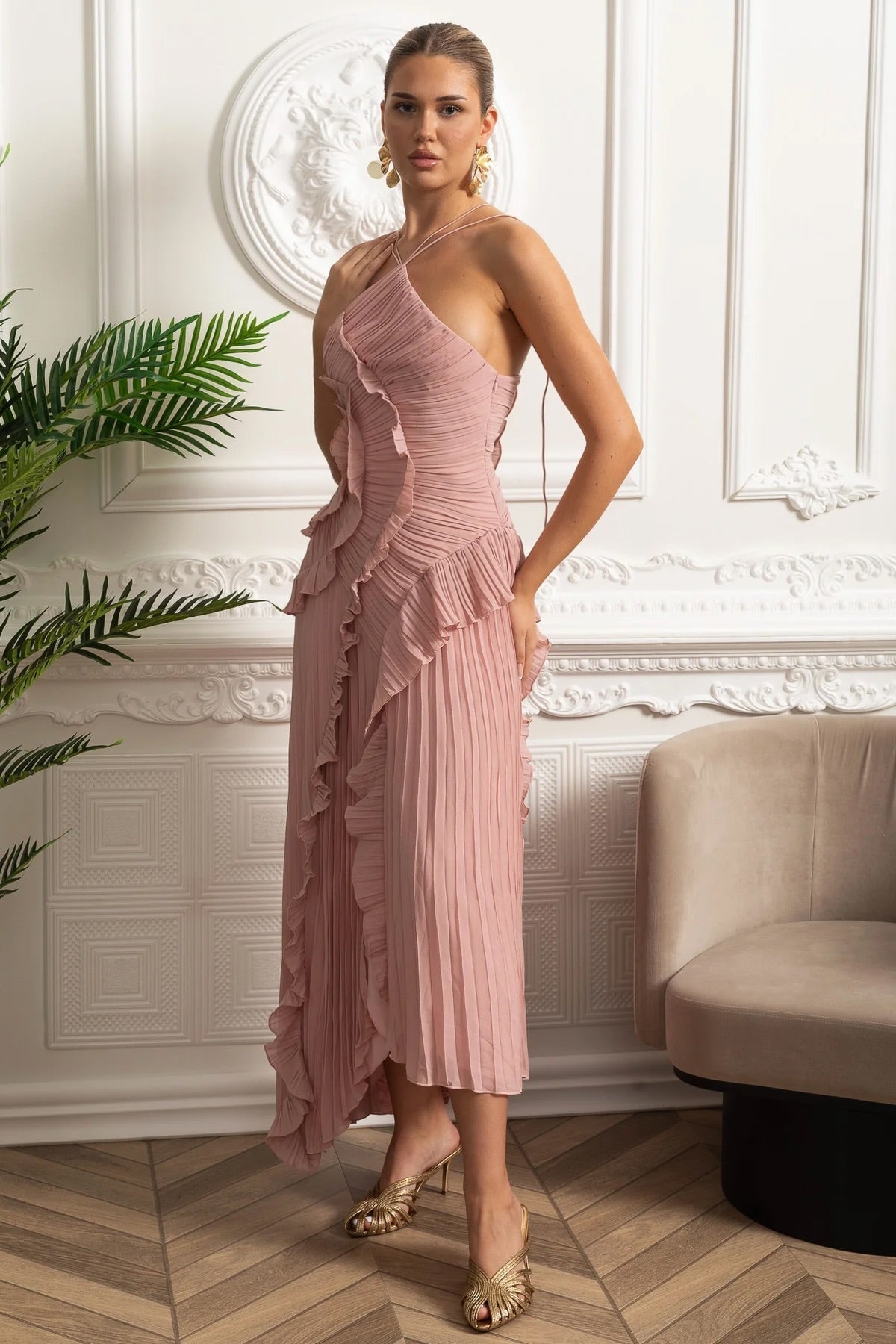 Midi Jurk Roze met Ruches en Plooien