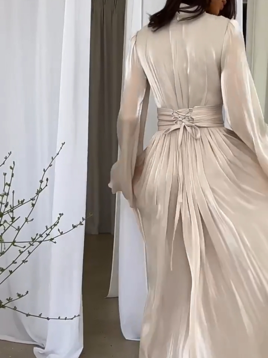 Dames Elegante Plooi met Strik Riem Maxi Gala Jurk- Sopia