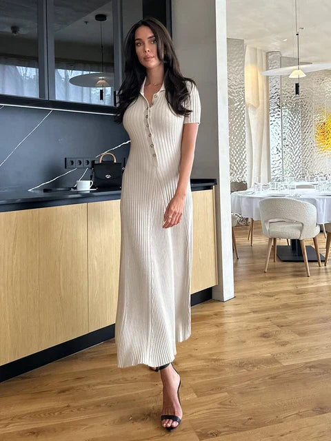 Lange Jurk Met Metalen Knopen Elegante Avondjurk