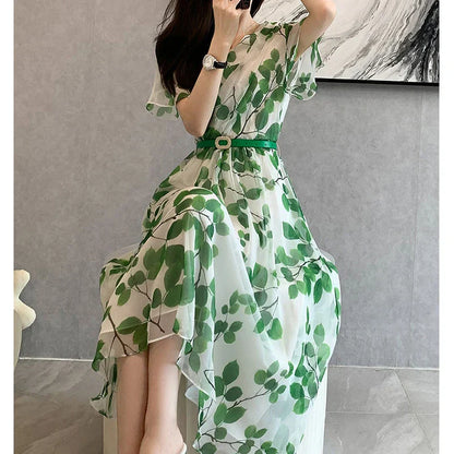Dames Zomerjurk Bladprint V-hals Jurk Zomerse Look