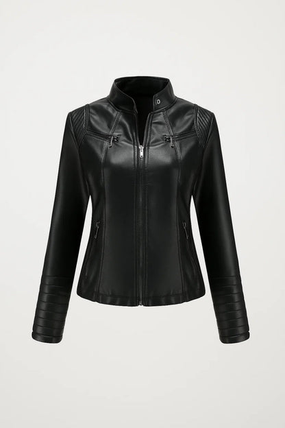 Dames Bikerjas Getailleerd Met Opstaande Kraag Casual Stijl