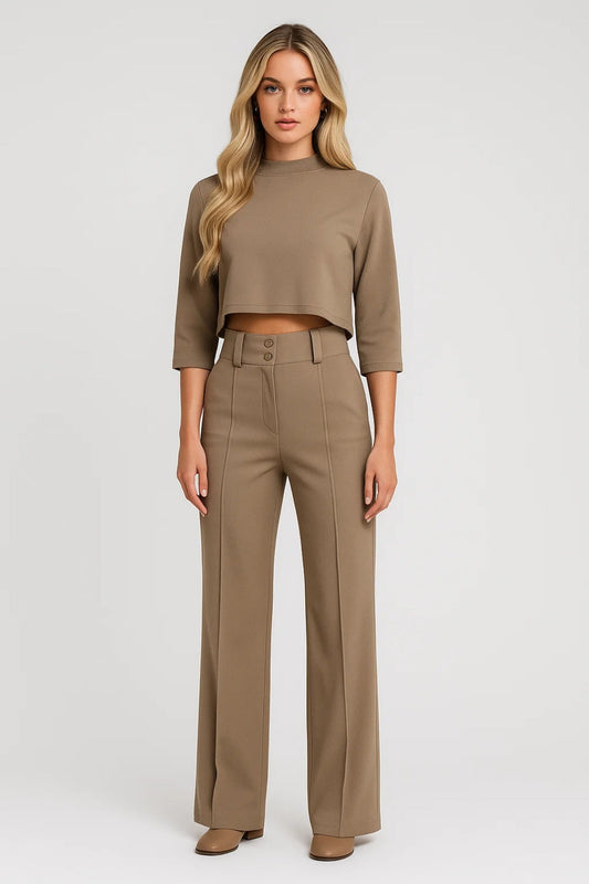 Dames Set - Cropped Top met High Waist Wide Leg Broek - StudioMarella