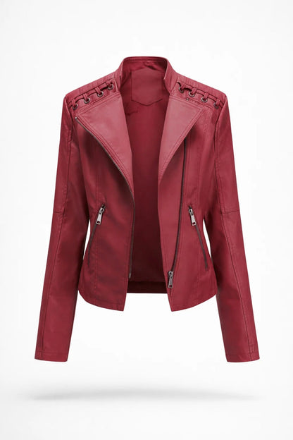 Leren Bikerjas Dames Getailleerd Asymmetrisch Casual