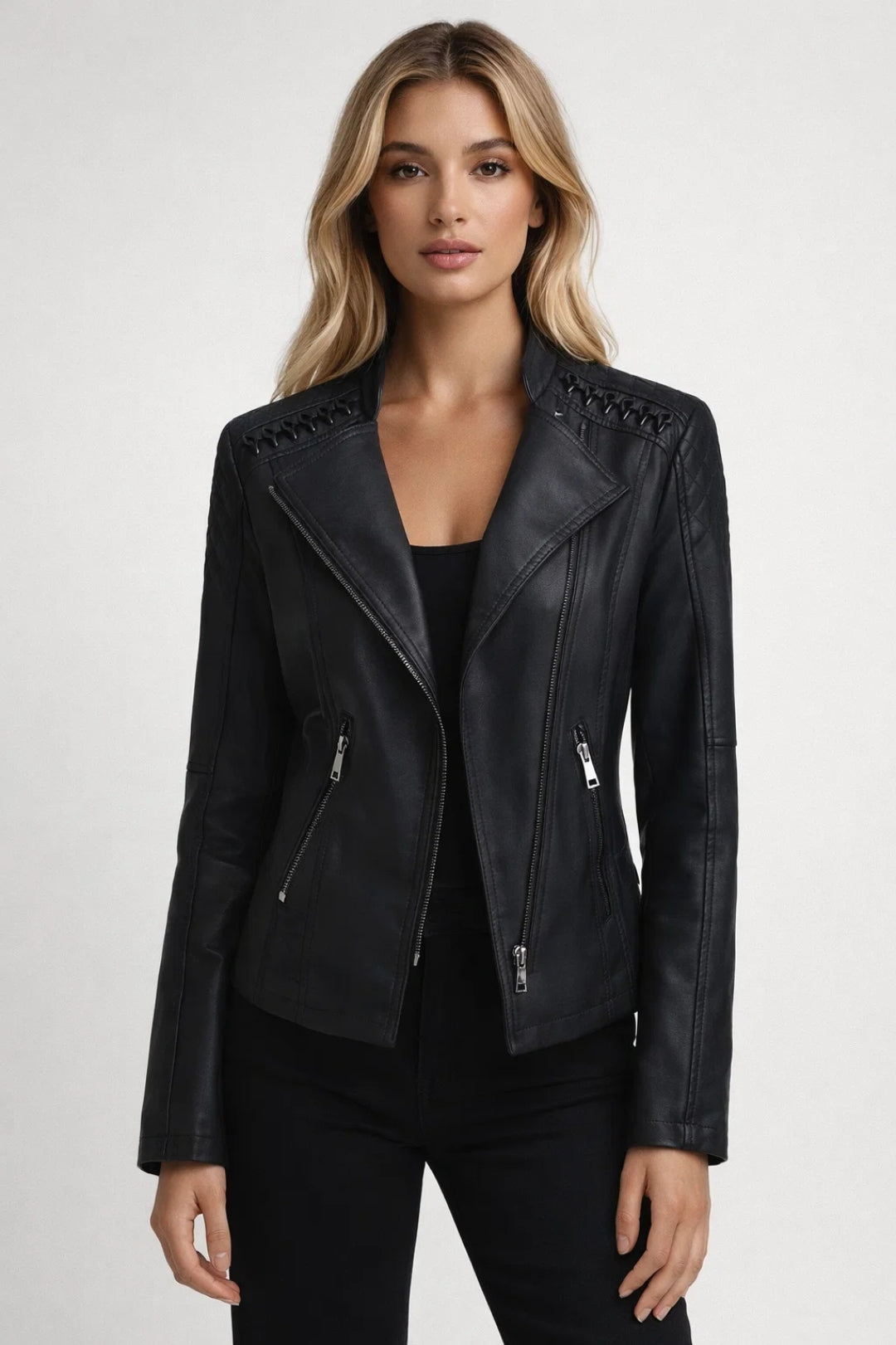 Leren Bikerjas Dames Getailleerd Asymmetrisch Casual