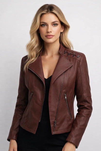 Leren Bikerjas Dames Getailleerd Asymmetrisch Casual