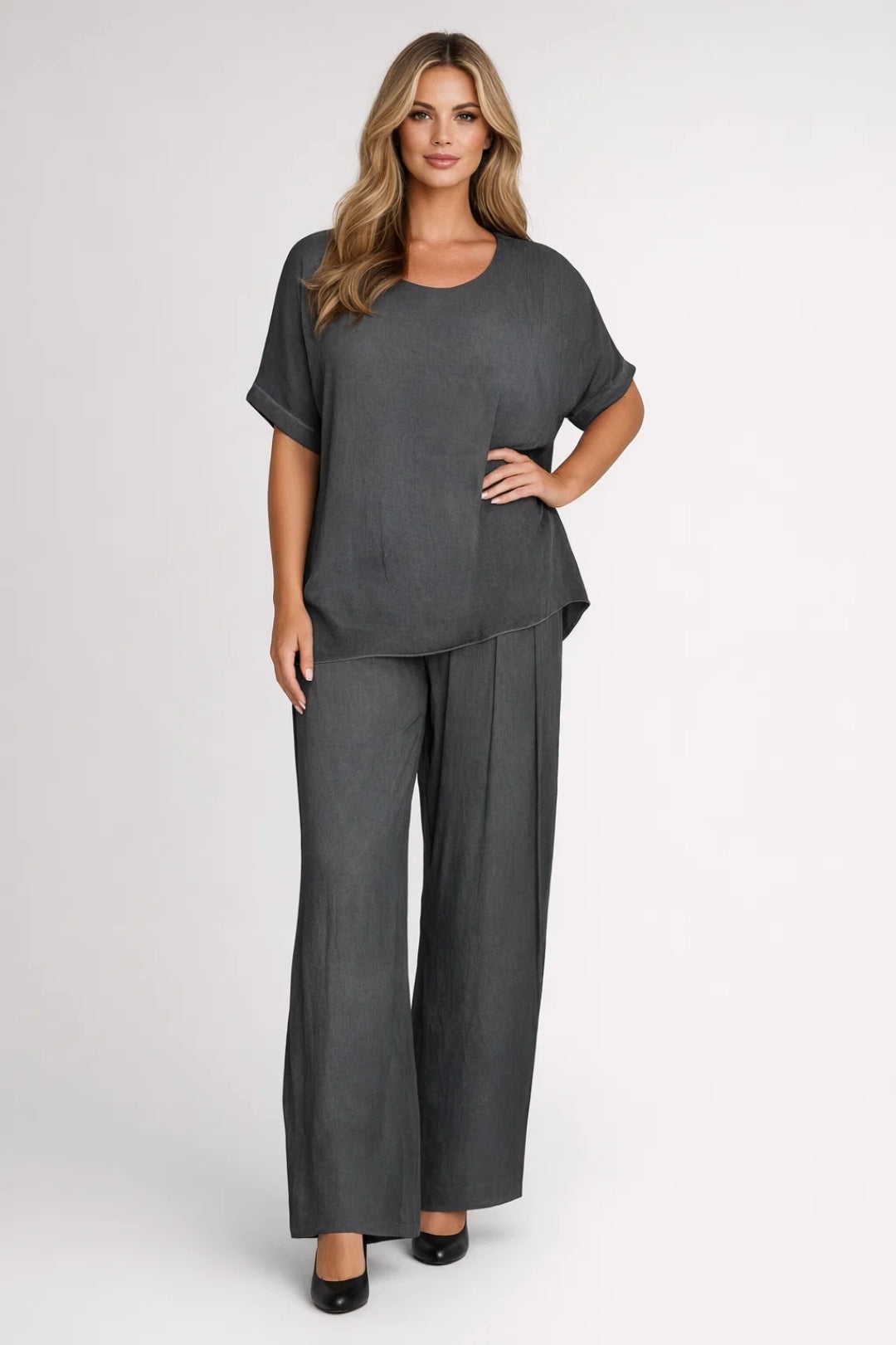 Dames Oversized Set - Wijde Broek met Ronde Hals Top Casual