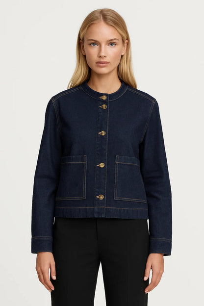 Dames Jas Kort - Cropped Model met Gouden Knopen Zonder Kraag