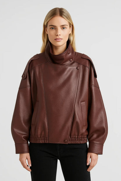 Dames Leren Jas Oversized Asymmetrisch met Staande Kraag Casual - StudioMarella