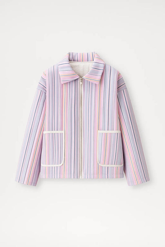 Dames Zomerjas Gestreept Rits Revers Kraag Casual - StudioMarella