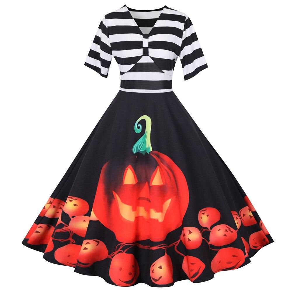 Halloween Jurk met Pompoenprint Vintage Stijl Midi
