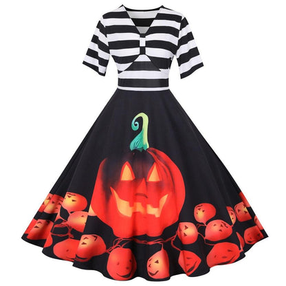 Halloween Jurk met Pompoenprint Vintage Stijl Midi