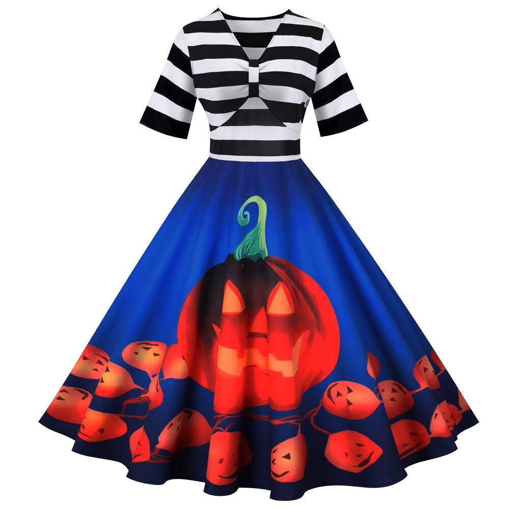 Halloween Jurk met Pompoenprint Vintage Stijl Midi