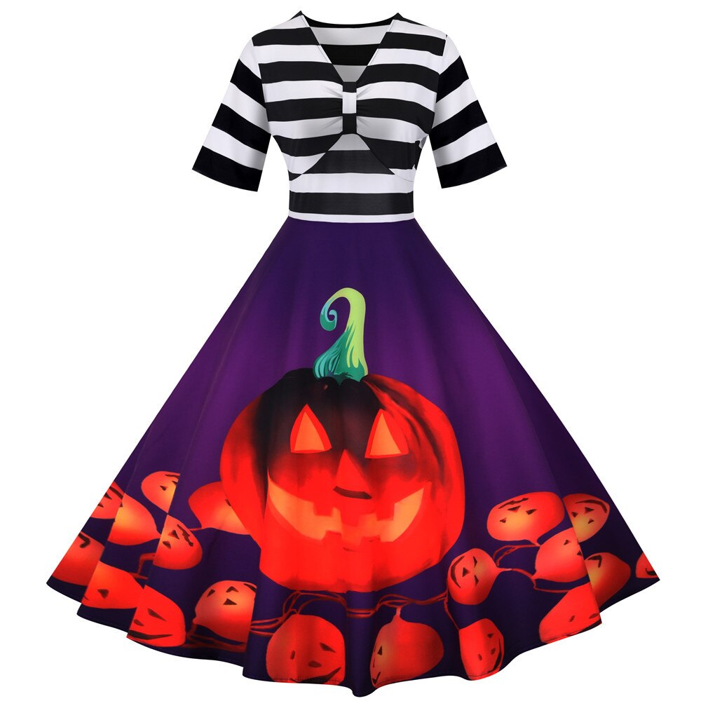 Halloween Jurk met Pompoenprint Vintage Stijl Midi