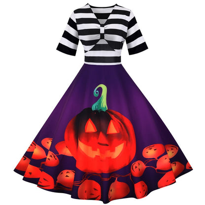 Halloween Jurk met Pompoenprint Vintage Stijl Midi