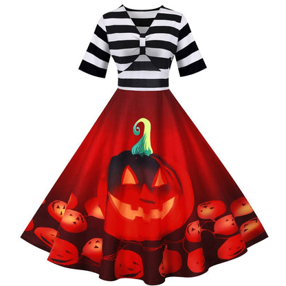 Halloween Jurk met Pompoenprint Vintage Stijl Midi