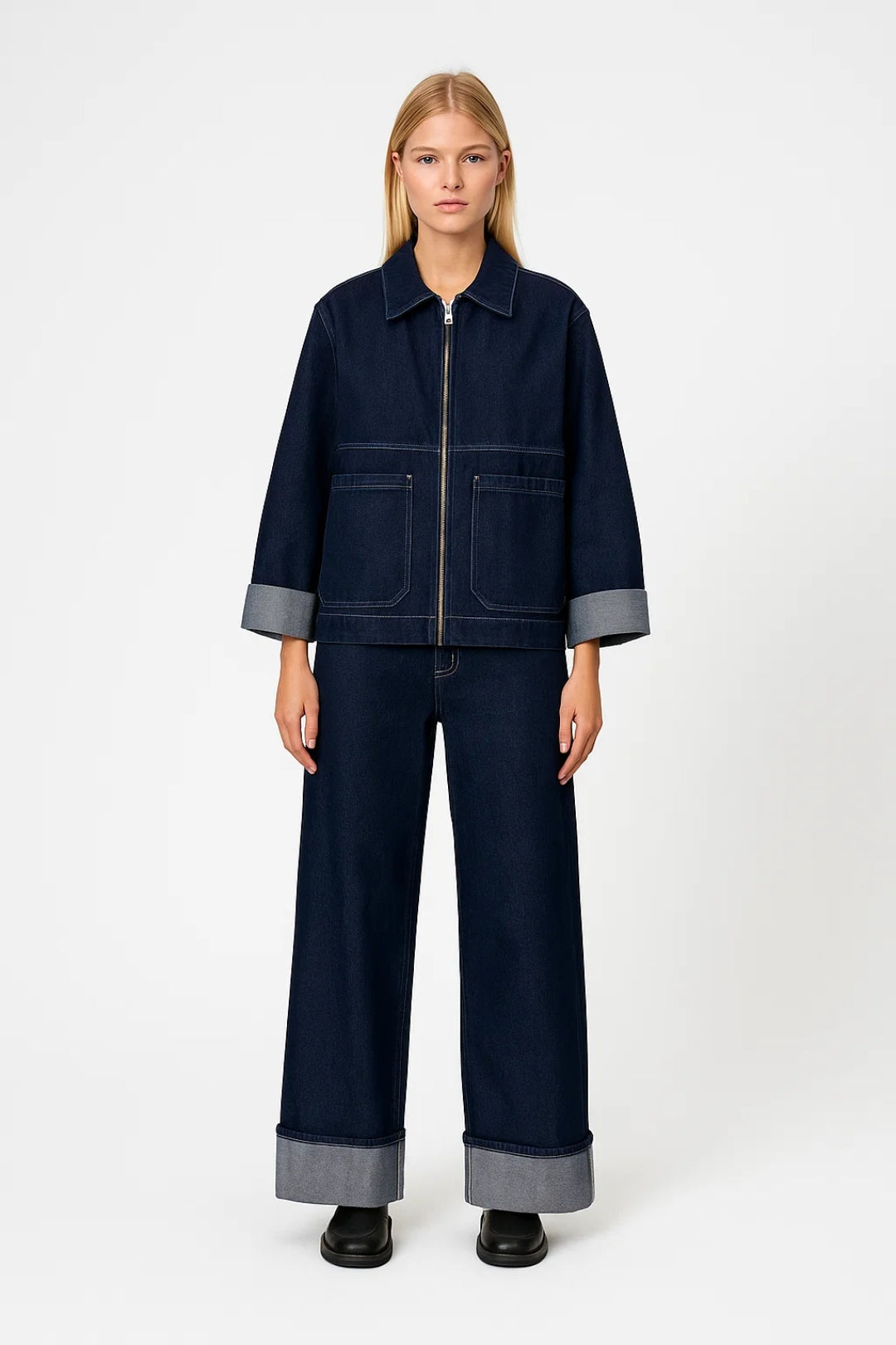 Dames Set - Cropped Jas met Wide Leg Jeans en Omgeslagen Zoom Casual - StudioMarella