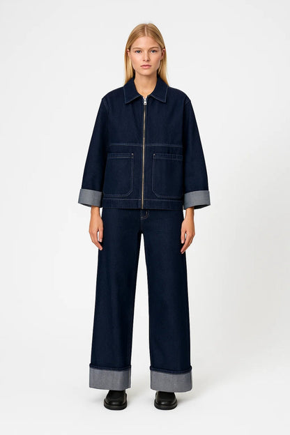 Dames Set - Cropped Jas met Wide Leg Jeans en Omgeslagen Zoom Casual - StudioMarella