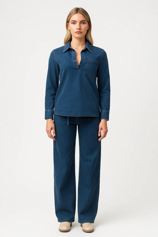 Dames Polo Top en Wide Leg Jeans Set Casual V-hals - StudioMarella