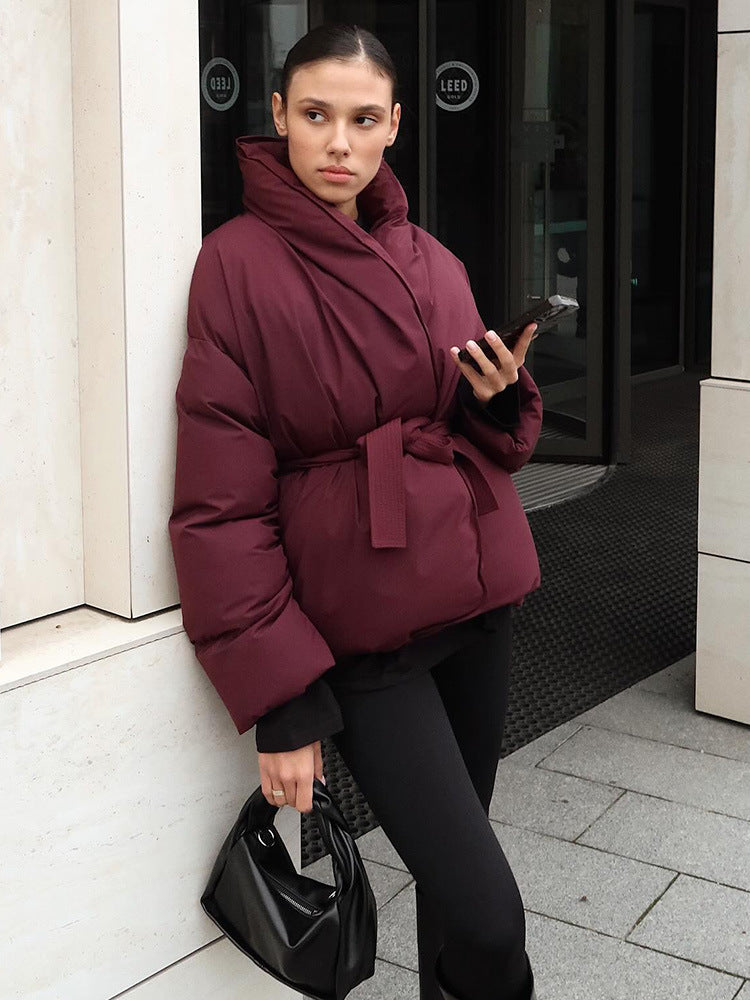 Dames Pufferjas Oversized met Ceintuur en Hoge Kraag