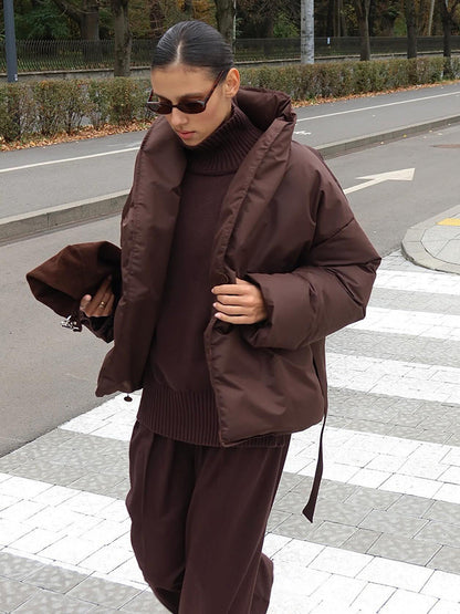 Dames Pufferjas Oversized met Ceintuur en Hoge Kraag