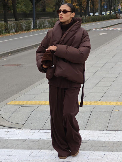 Dames Pufferjas Oversized met Tailleband en Hoge Kraag