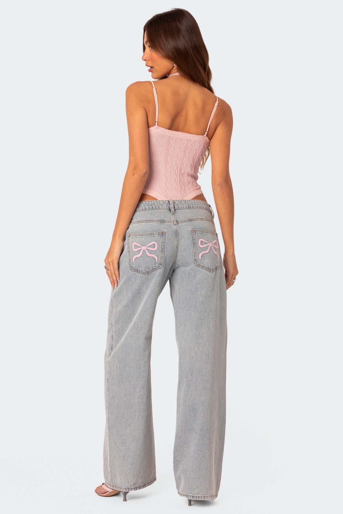 Dahna Jeans | Wijde Denim Broek met Roze Strikdetails - StudioMarella