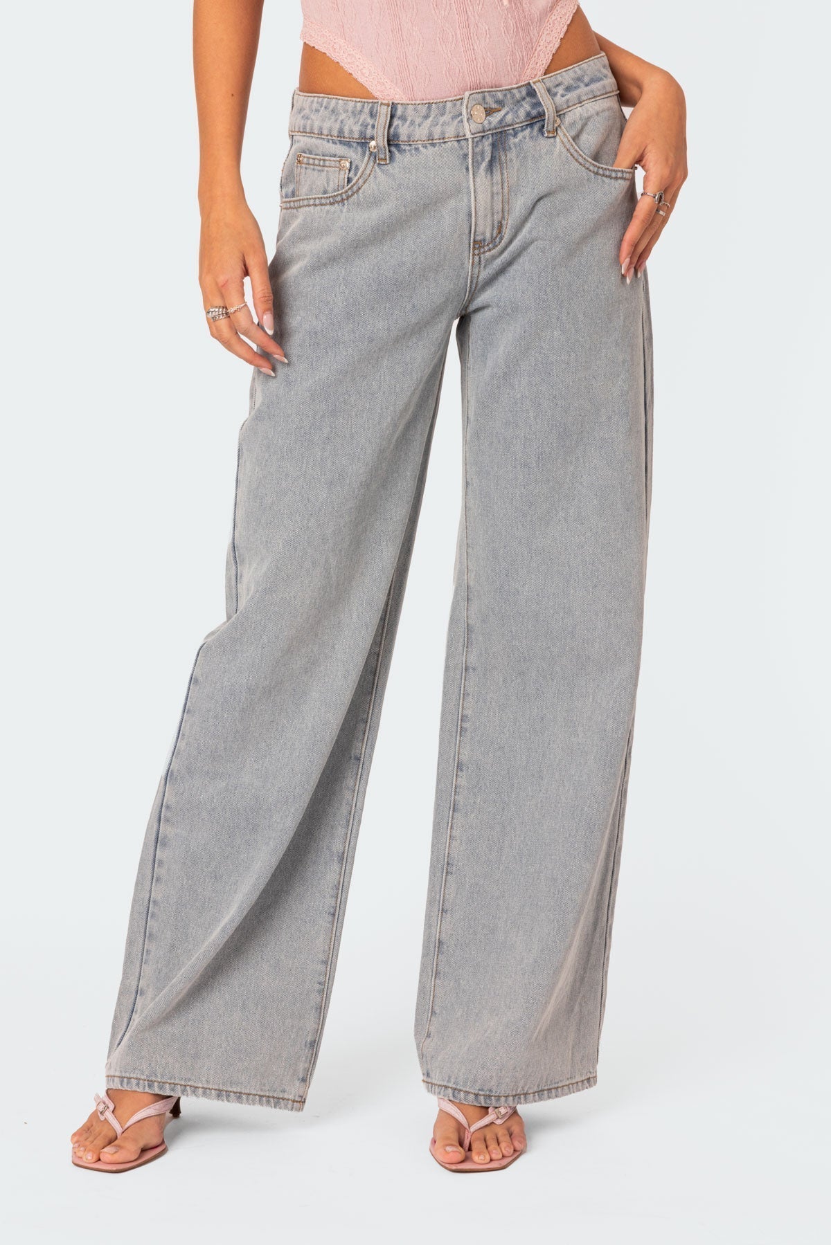 Dahna Jeans | Wijde Denim Broek met Roze Strikdetails