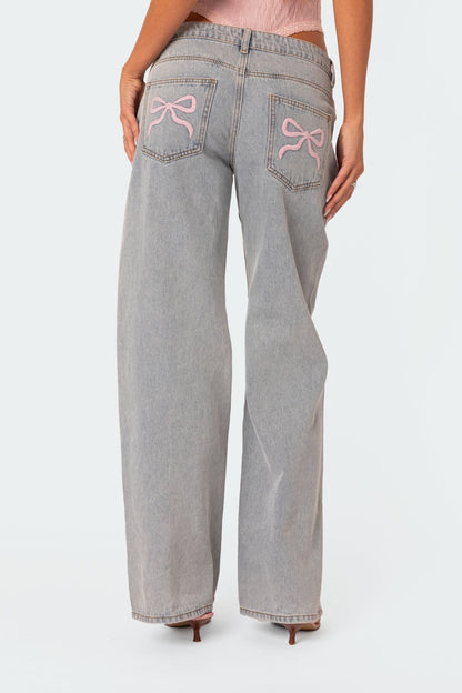 Dahna Jeans | Wijde Denim Broek met Roze Strikdetails