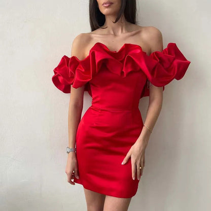 Cocktail Jurk Off-Shoulder Met Ruches en V-Neck