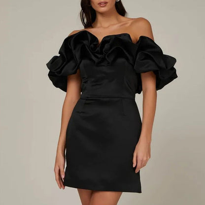 Cocktail Jurk Off-Shoulder Met Ruches en V-Neck