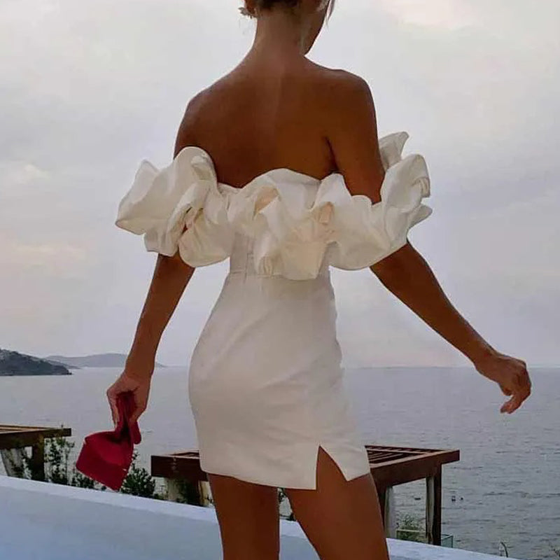 Cocktail Jurk Off-Shoulder Met Ruches en V-Neck