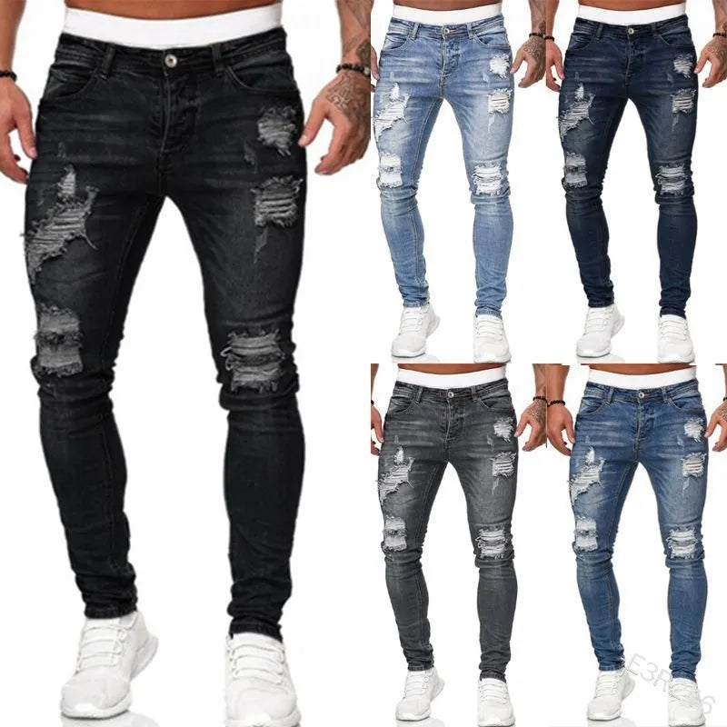Heren Skinny Spijkerbroek Gescheurd Vintage Look