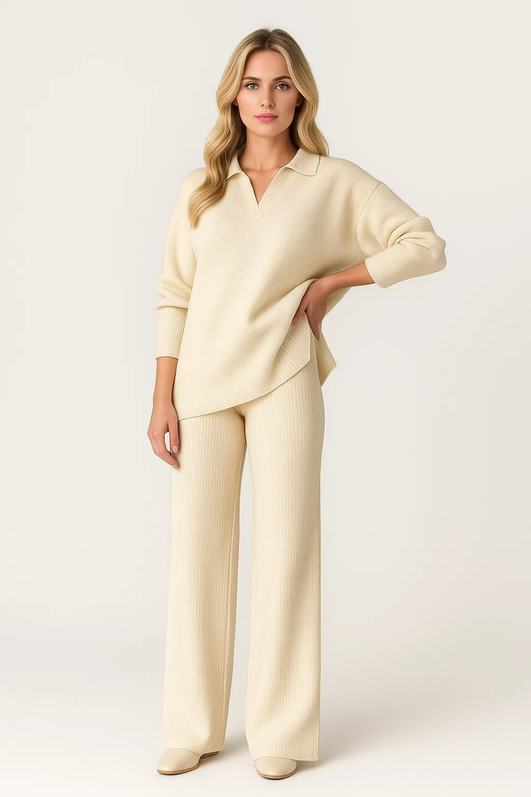 Dames Oversized Polo Trui Set met Wijde Broek Casual Kleding - StudioMarella