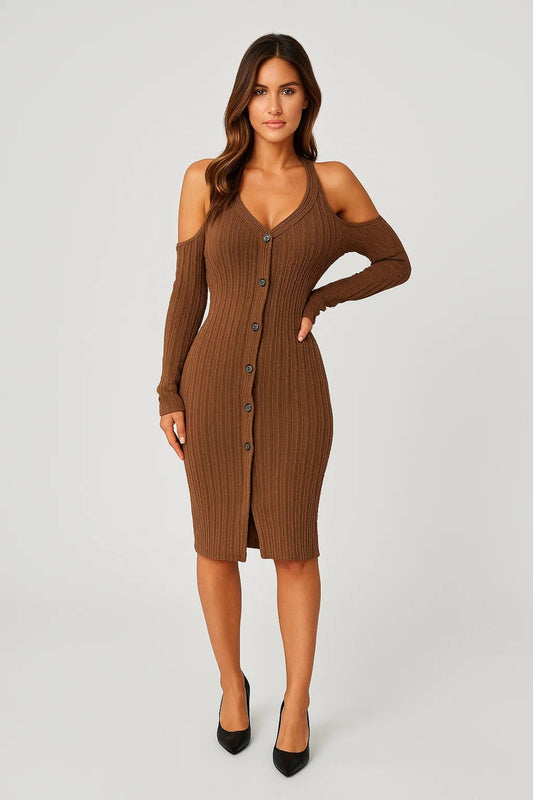 Midi Jurk Dames Off Shoulder Knoopsluiting Elegante Zomerjurk - StudioMarella
