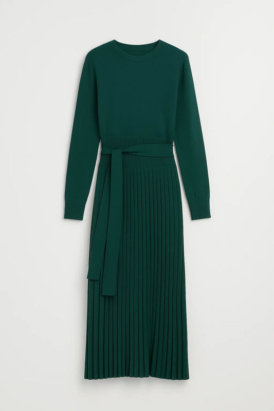 Dames Midi Jurk Lange Mouwen Plissé met Ceintuur Elegante Stijl - StudioMarella