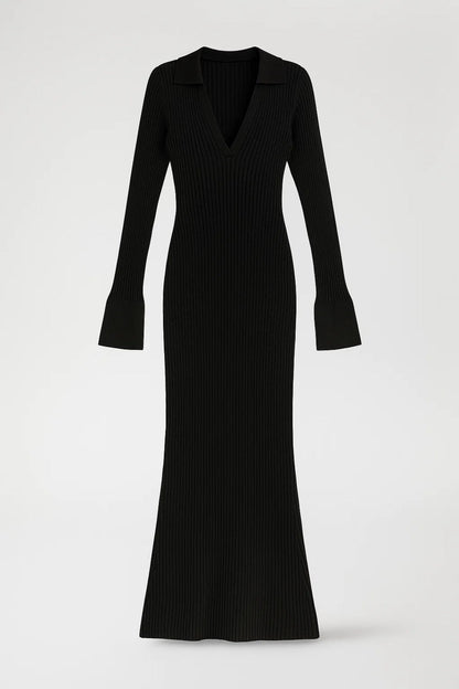 Lange Maxi Jurk Dames Met V-hals en Kraag Elegant - StudioMarella