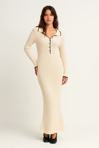 Elegante Maxi Jurk met Lange Mouwen en V-hals voor Dames
