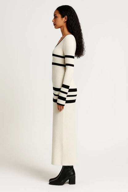 Dames Maxi Jurk Lange Mouwen Gebreid Streeppatroon Casual
