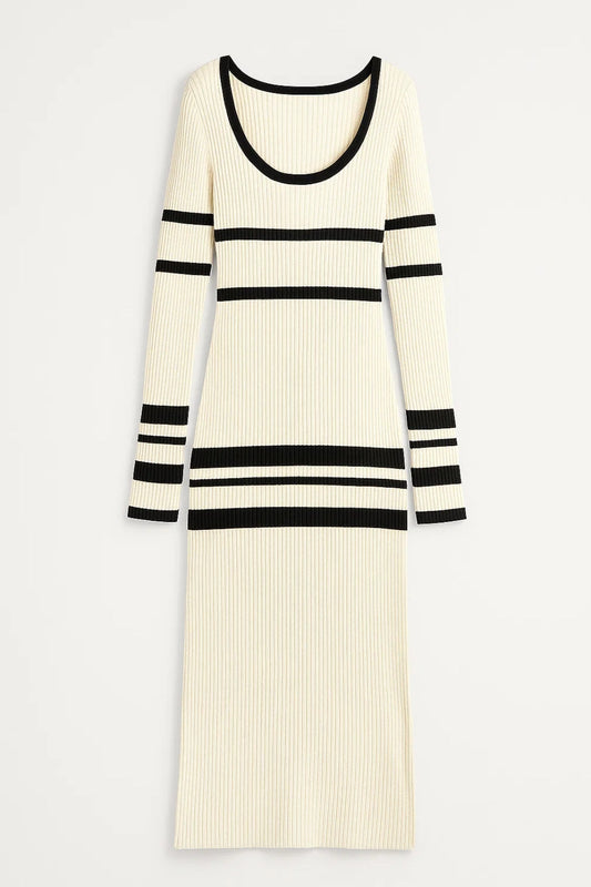 Dames Maxi Jurk Lange Mouwen Gebreid Streeppatroon Casual - StudioMarella